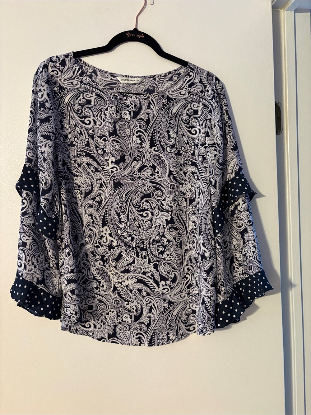 Counterparts Navy and White Paisley Ruffle Sleeve Blouse